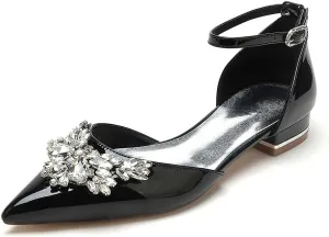 Women's Patent Leather Pointed Toe Pearl Wedding Flats for Bride Comfortable Wedding Shoes Low Heels Rhinestones Bridal Flats Evening Prom Party Dress Shoes Pumps