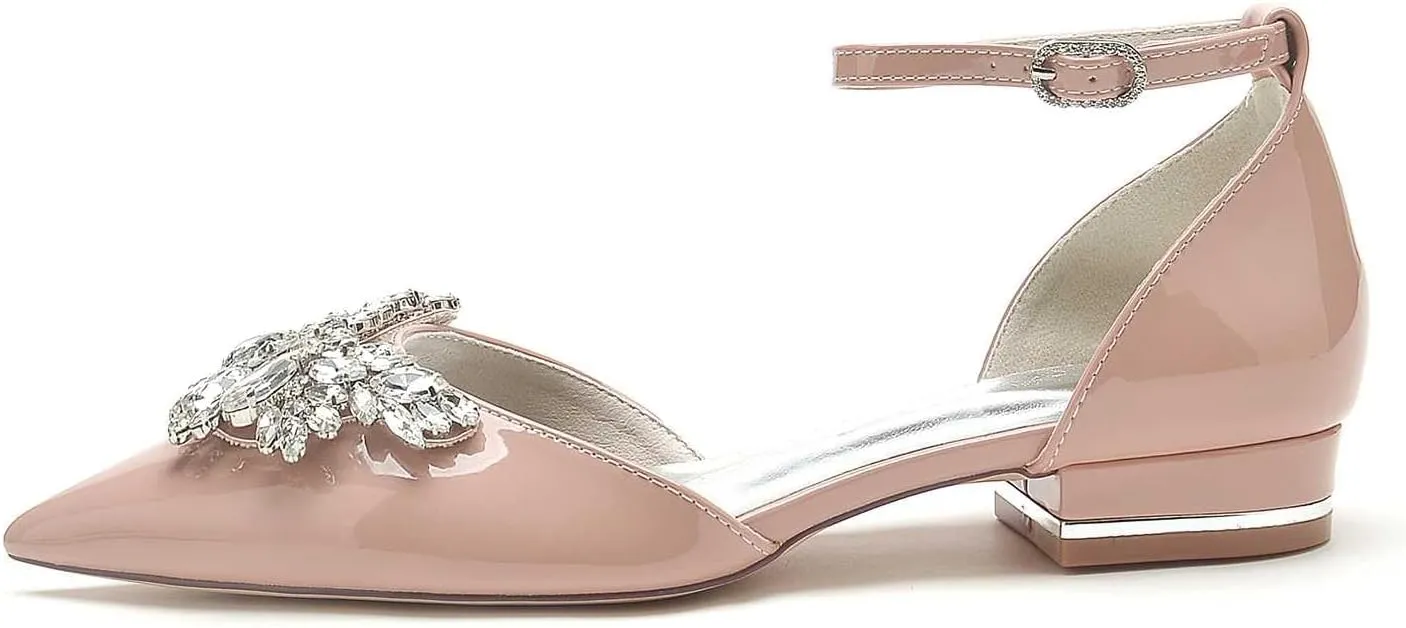 Women's Patent Leather Pointed Toe Pearl Wedding Flats for Bride Comfortable Wedding Shoes Low Heels Rhinestones Bridal Flats Evening Prom Party Dress Shoes Pumps