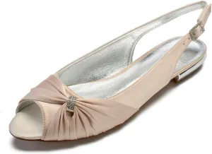 Women's Peep Toe Flat Pumps Slingback Evening Party Comfort Bridal Flats Sandals with Buckle Satin Wedding Dress Shoes