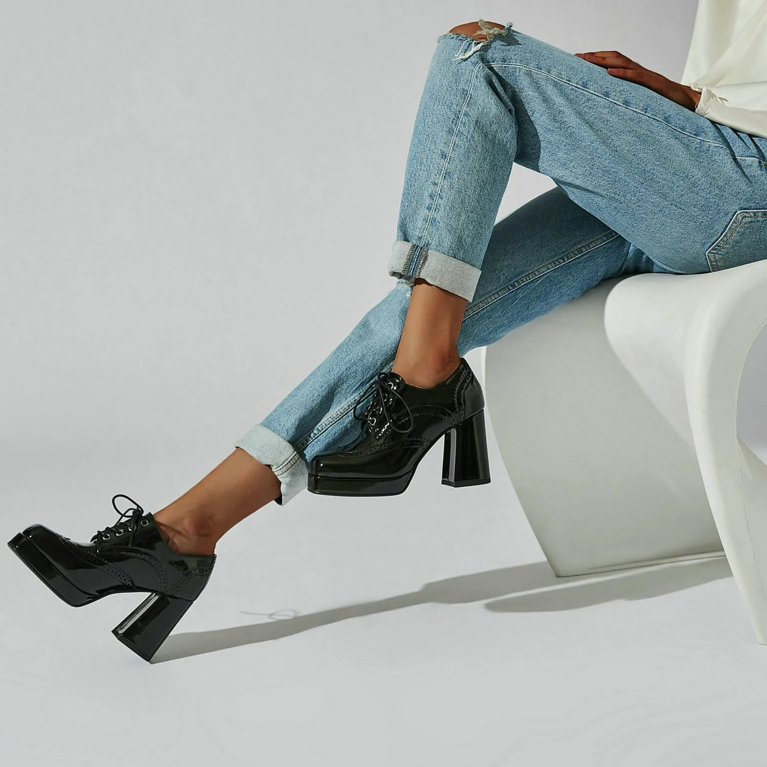 Women's Platform Oxford Shoes Patent Leather Square Toe Chunky Block High Heel Ankle Booties