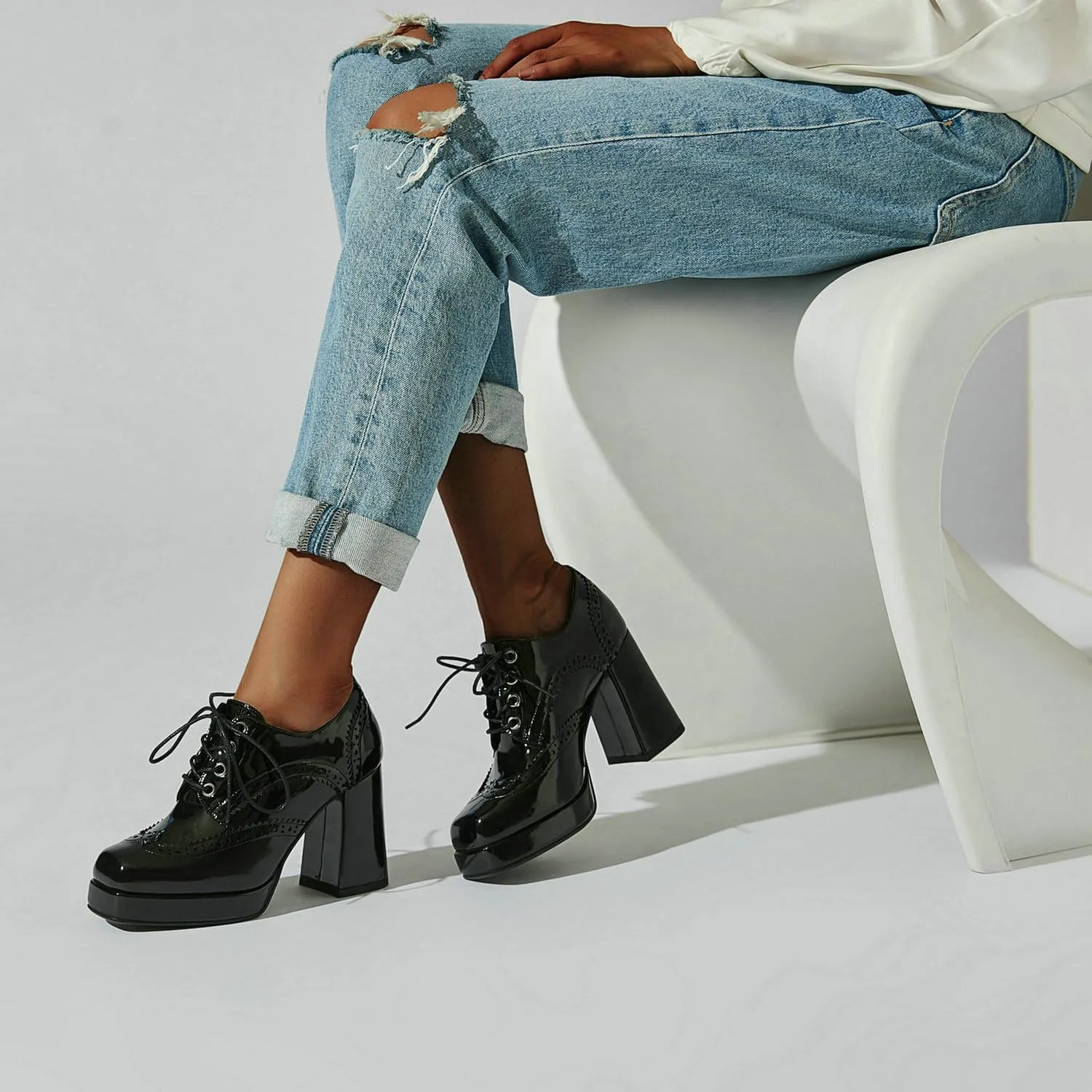 Women's Platform Oxford Shoes Patent Leather Square Toe Chunky Block High Heel Ankle Booties