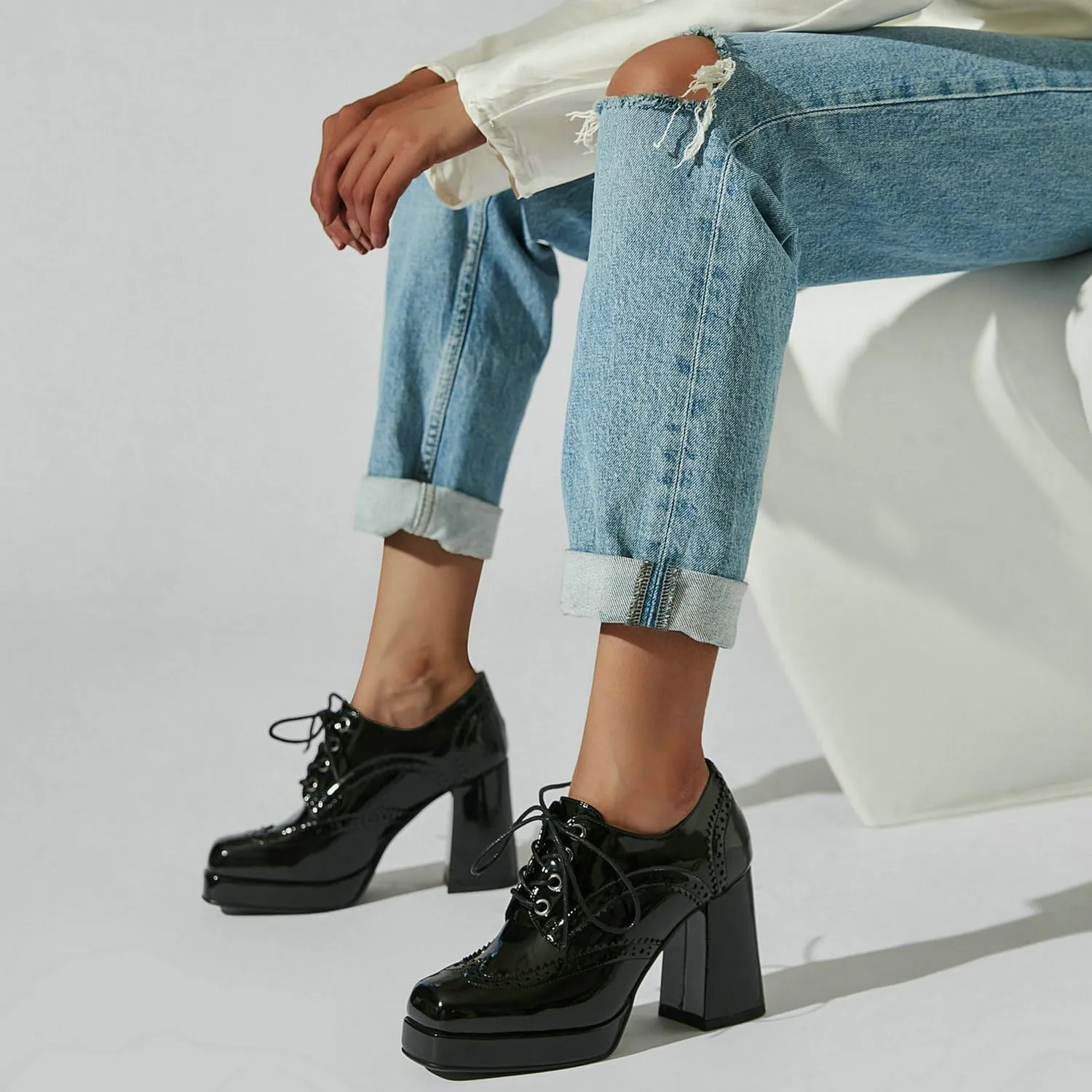 Women's Platform Oxford Shoes Patent Leather Square Toe Chunky Block High Heel Ankle Booties