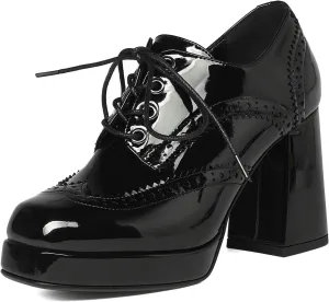 Women's Platform Oxford Shoes Patent Leather Square Toe Chunky Block High Heel Ankle Booties