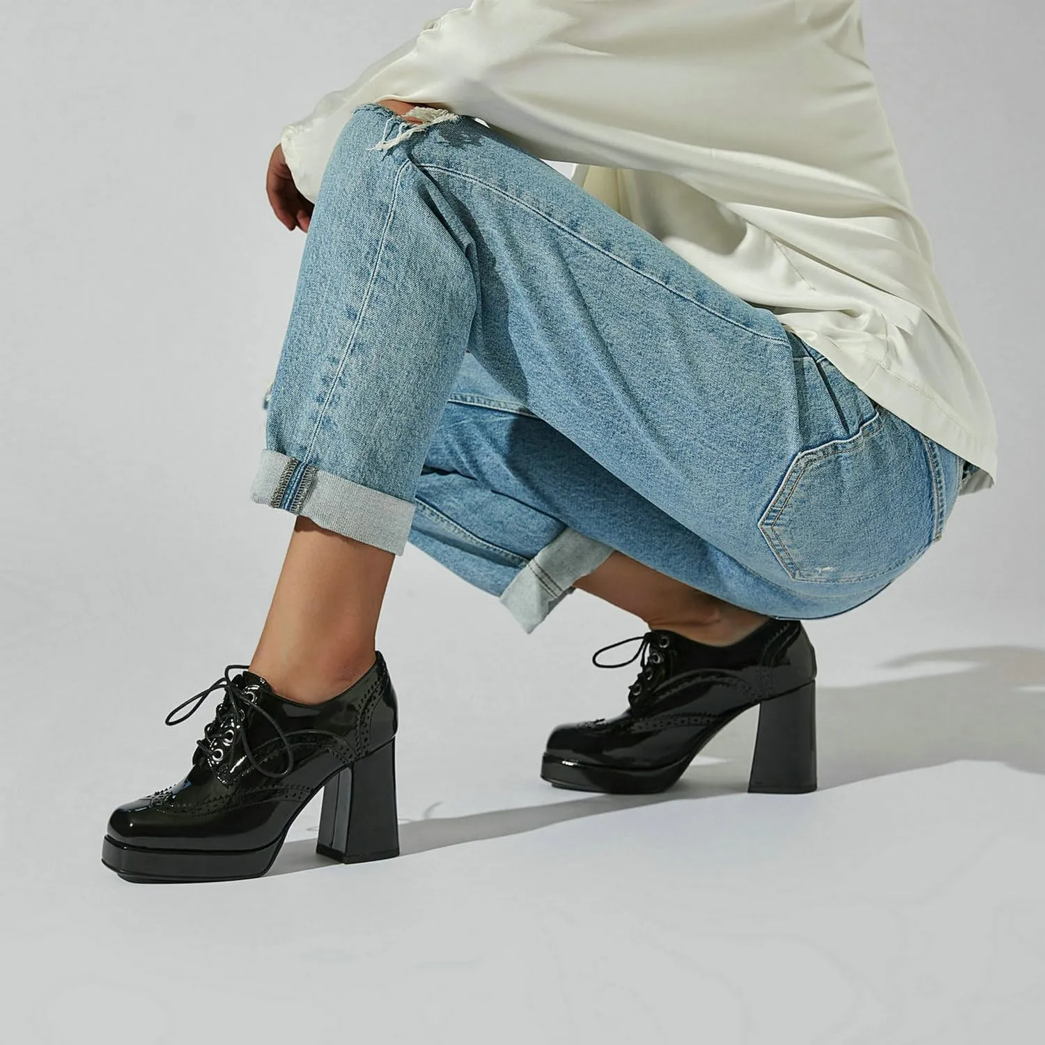 Women's Platform Oxford Shoes Patent Leather Square Toe Chunky Block High Heel Ankle Booties
