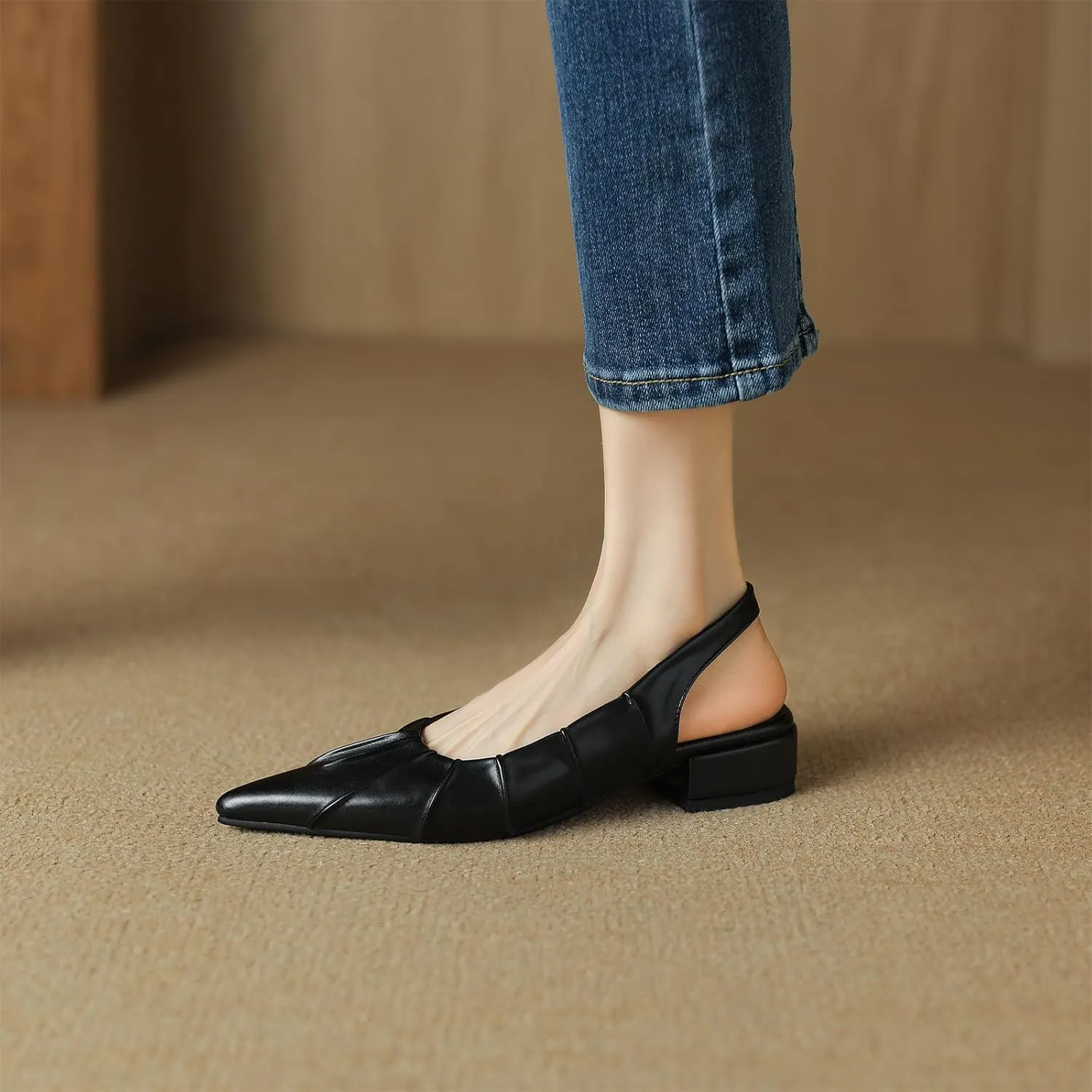 Women's Pleated Closed Pointed Toe Pumps Slip-On Chunky Low Block Heel Elastic Strap Slingback Classic Work Office Church Comfort Dress Shoes Business Party Shopping Dating Sandals