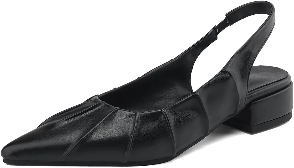 Women's Pleated Closed Pointed Toe Pumps Slip-On Chunky Low Block Heel Elastic Strap Slingback Classic Work Office Church Comfort Dress Shoes Business Party Shopping Dating Sandals