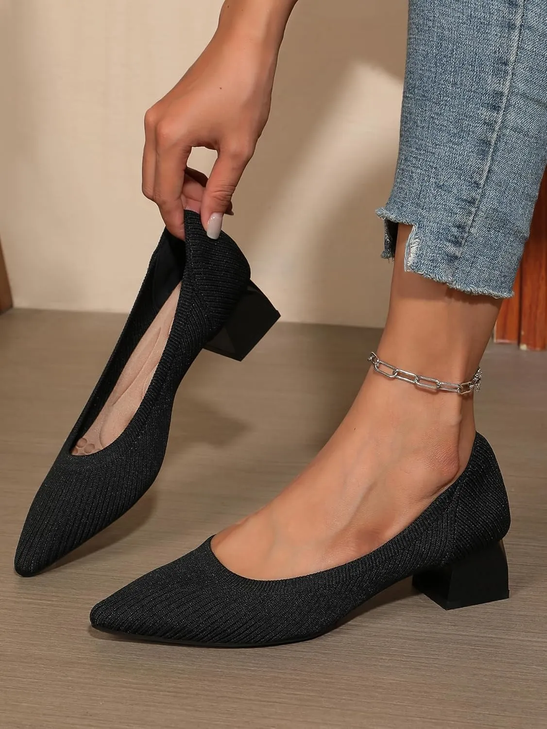 Women's Pointed Closed Toe Low Heel Knit Pumps Chunky Block Heels for Women Comfy Soft Lady Daily Work Office Casual Slip On Breathable Knit Shoes 1.57 Inch