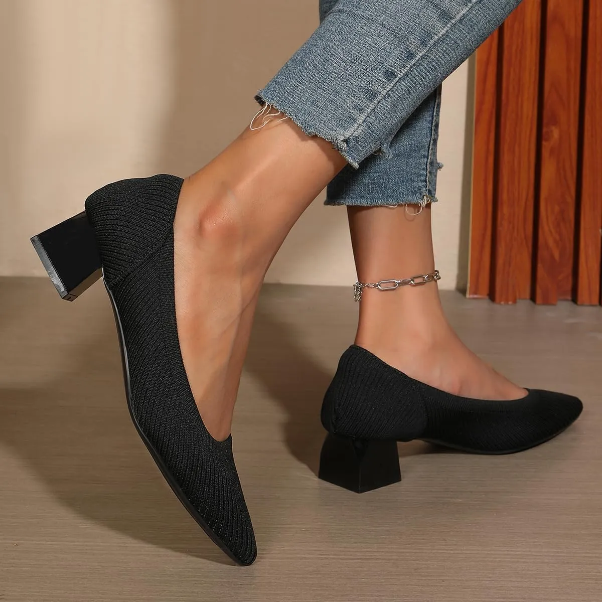 Women's Pointed Closed Toe Low Heel Knit Pumps Chunky Block Heels for Women Comfy Soft Lady Daily Work Office Casual Slip On Breathable Knit Shoes 1.57 Inch