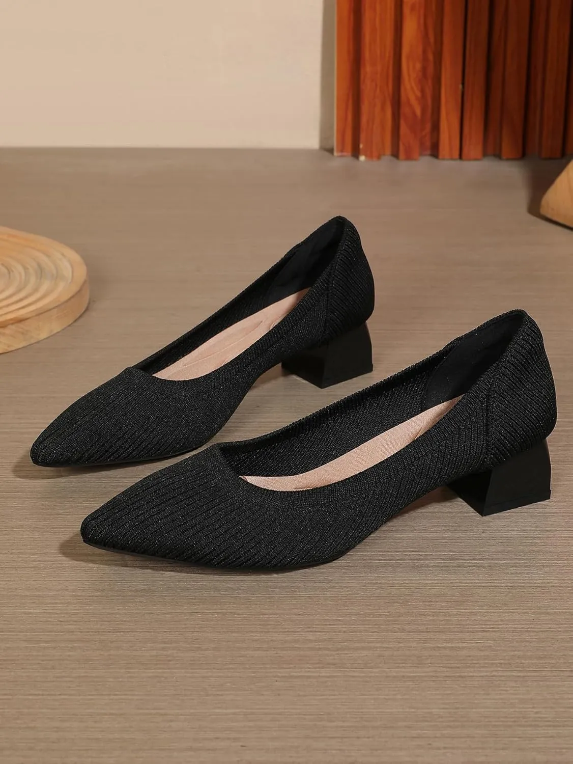 Women's Pointed Closed Toe Low Heel Knit Pumps Chunky Block Heels for Women Comfy Soft Lady Daily Work Office Casual Slip On Breathable Knit Shoes 1.57 Inch