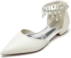 Women's Pointed Toe Beaded Satin Wedding Flats for Bride Comfortable White Bridal Shoes with Ankle Strap Prom Party Shoes Pumps