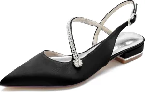 Women's Pointed Toe Beaded Satin Wedding Flats for Bride Comfortable White Bridal Shoes with Ankle Strap Prom Party Shoes Pumps