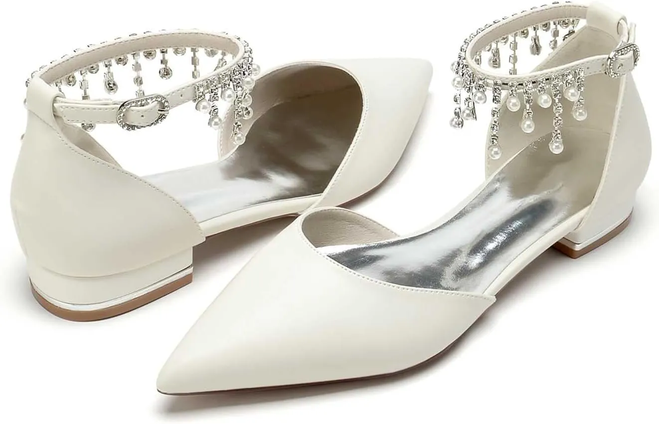 Women's Pointed Toe Beaded Satin Wedding Flats for Bride Comfortable White Bridal Shoes with Ankle Strap Prom Party Shoes Pumps