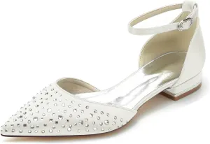 Women's Pointed Toe Bridal Flats Cryatal Pumps Satin Wedding Flats Shoes for Bride Evening Prom Party Dress Flats Pumps Sandals