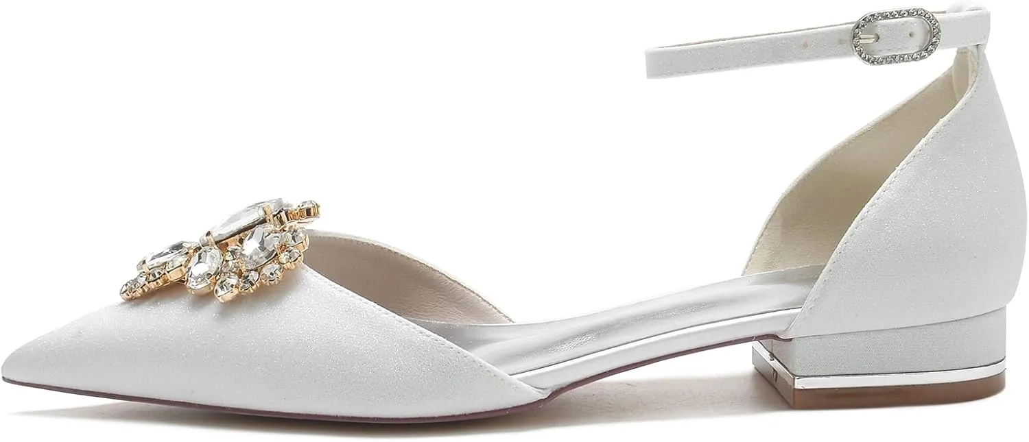 Women's Pointed Toe Glitter Wedding Flats for Bride Comfortable Wedding Shoes Low Heels Rhinestones Bridal Flats Evening Prom Party Dress Shoes Pumps