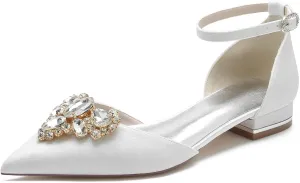 Women's Pointed Toe Glitter Wedding Flats for Bride Comfortable Wedding Shoes Low Heels Rhinestones Bridal Flats Evening Prom Party Dress Shoes Pumps