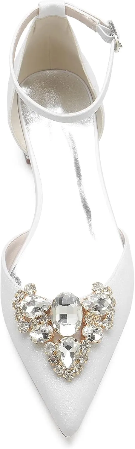 Women's Pointed Toe Glitter Wedding Flats for Bride Comfortable Wedding Shoes Low Heels Rhinestones Bridal Flats Evening Prom Party Dress Shoes Pumps
