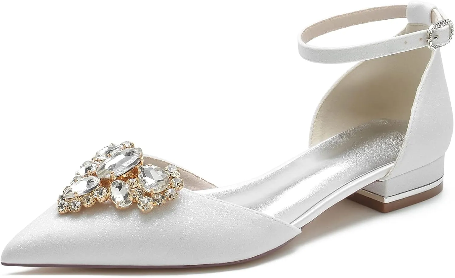 Women's Pointed Toe Glitter Wedding Flats for Bride Comfortable Wedding Shoes Low Heels Rhinestones Bridal Flats Evening Prom Party Dress Shoes Pumps