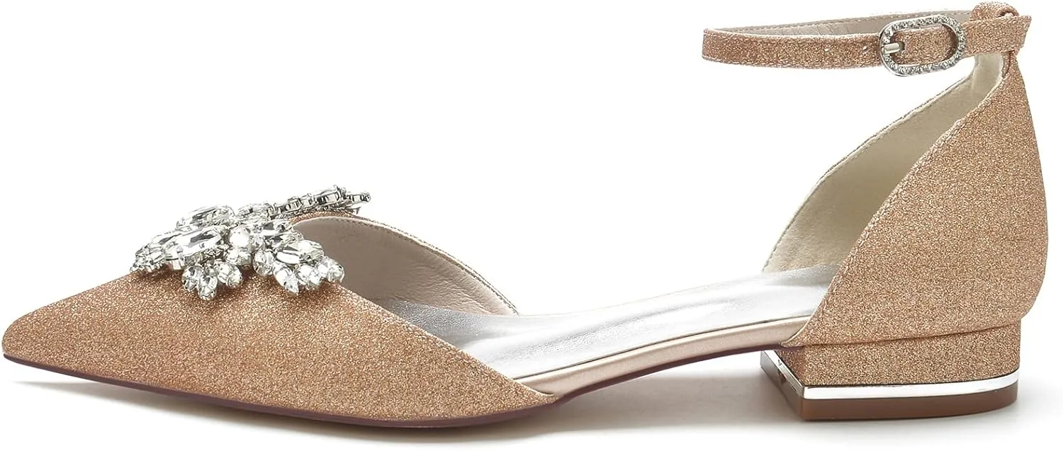 Women's Pointed Toe Glitter Wedding Shoes for Bride Flats Comfortable Rhinestones Bridal Flats Evening Prom Party Dress Shoes Pumps