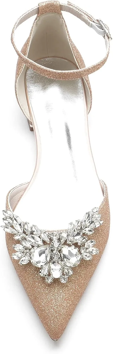 Women's Pointed Toe Glitter Wedding Shoes for Bride Flats Comfortable Rhinestones Bridal Flats Evening Prom Party Dress Shoes Pumps