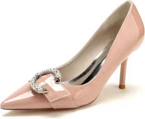 Women's Pointed-Toe Low Heel Pumps with Rhinestones – Ivory Bridal Dress Shoes, Slip-On Design, 3.34-Inch Heels, Patent Leather