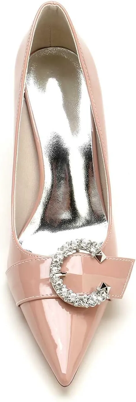 Women's Pointed-Toe Low Heel Pumps with Rhinestones – Ivory Bridal Dress Shoes, Slip-On Design, 3.34-Inch Heels, Patent Leather