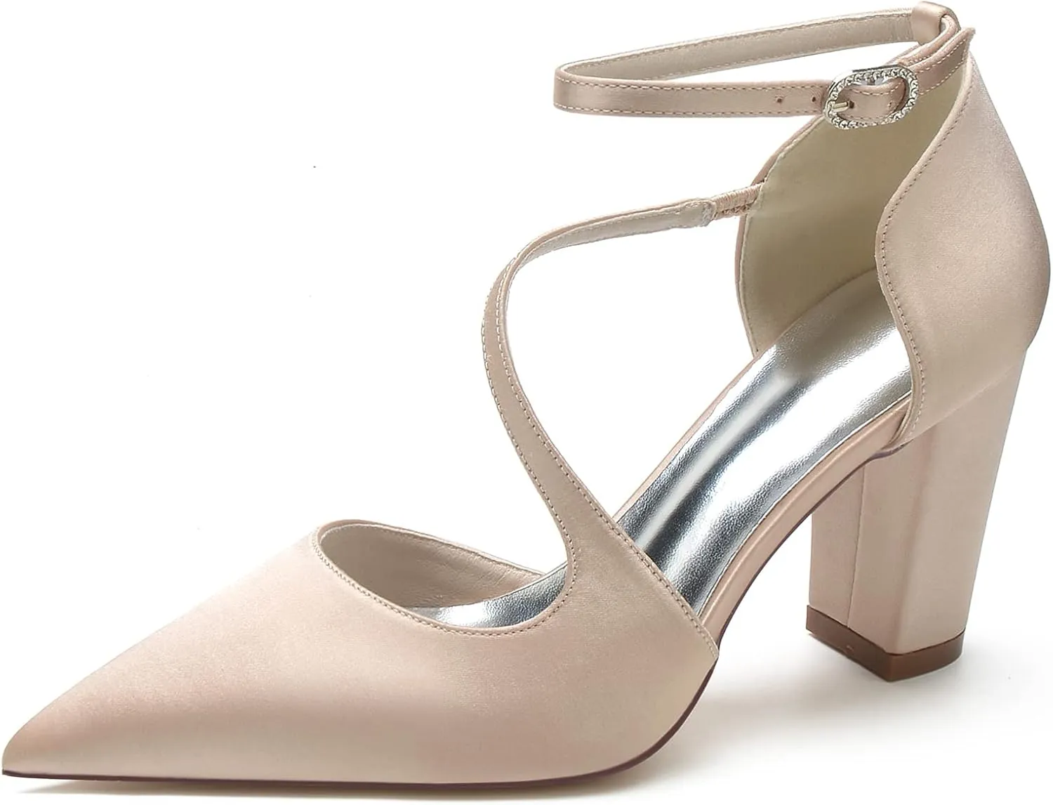 Women's Pointed Toe Satin Chunky Block High Heels Wedding Sandals Ankle Strap Dress Shoes Prom Party Pumps