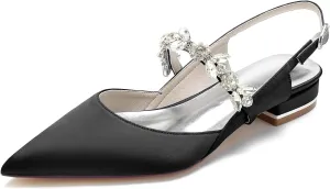 Women's Pointed Toe Satin Wedding Flats for Bride Comfortable Crystal Bridal Shoes Evening Prom Party Dress Shoes Pumps Black Size 8.5