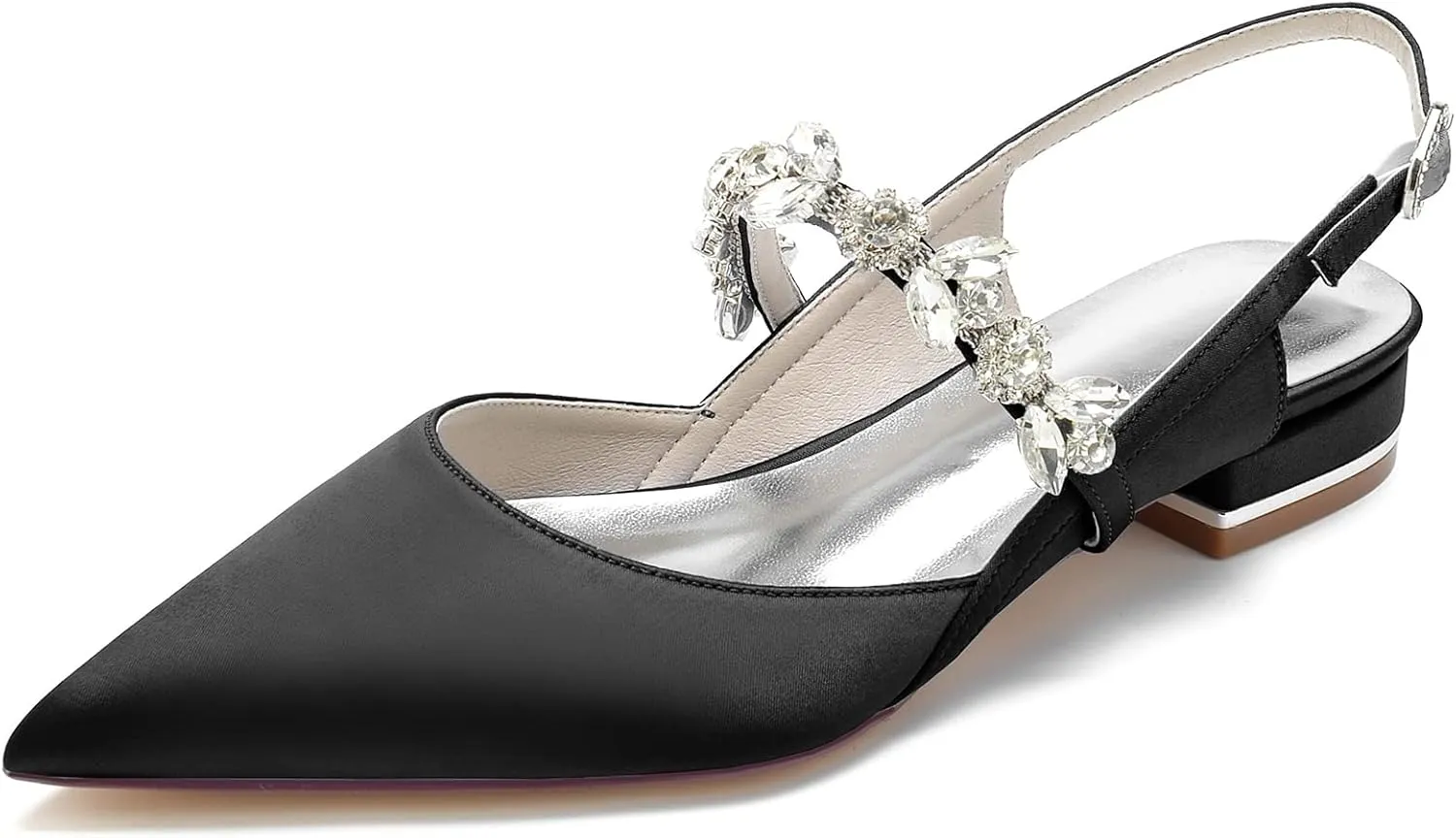 Women's Pointed Toe Satin Wedding Flats for Bride Comfortable Crystal Bridal Shoes Evening Prom Party Dress Shoes Pumps Black Size 8.5