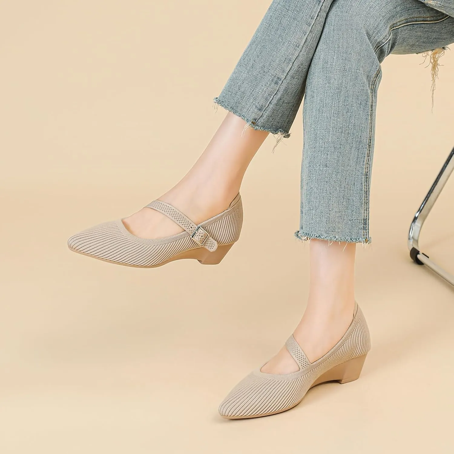 Women’s Pumps Chunky Knit Low Block Heel Closed Toe Comfortable Dress Pumps Knit Shoes Wedding Shoes, Model XTZ 6045-4