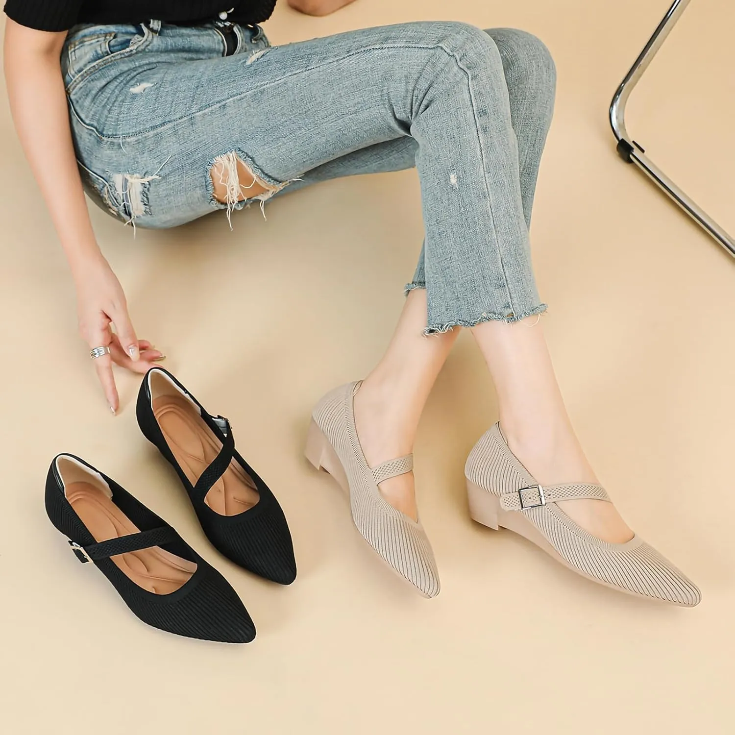 Women’s Pumps Chunky Knit Low Block Heel Closed Toe Comfortable Dress Pumps Knit Shoes Wedding Shoes, Model XTZ 6045-4