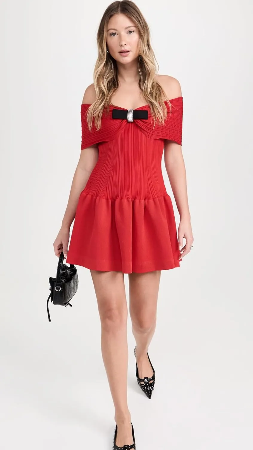 Women's Red Knit Bow Mini Dress