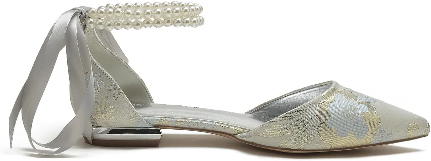 Women's Satin Flats Pointed Toe Bridal Pumps Flat Wedding Shoes Floral Ballet Comfort Walking Flats Shoes