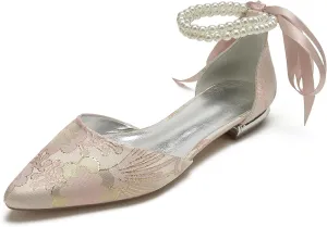 Women's Satin Flats Pointed Toe Bridal Pumps Flat Wedding Shoes Floral Ballet Comfort Walking Flats Shoes
