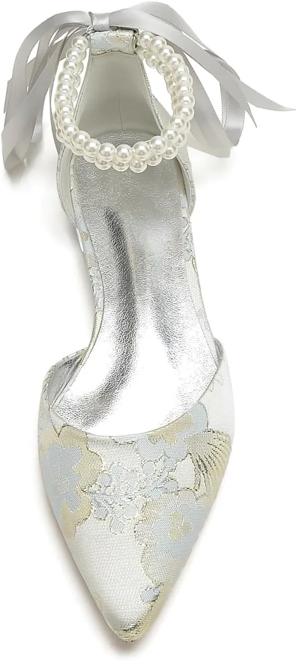 Women's Satin Flats Pointed Toe Bridal Pumps Flat Wedding Shoes Floral Ballet Comfort Walking Flats Shoes