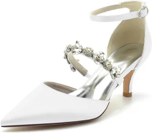 Women's Satin Heel Wedding Shoes for Bridal Ankle Strap Pointed Toe Pumps with Crystal Party Dress Sandals
