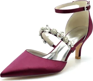 Women's Satin Heel Wedding Shoes for Bridal Ankle Strap Pointed Toe Pumps with Crystal Party Dress Sandals