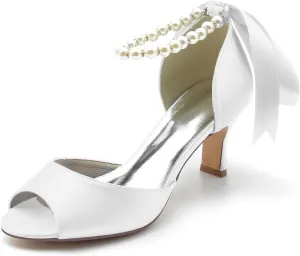 Women's Satin Pearls Pumps Peep Toe Heeled Wedding Shoes for Bride Evening Party Dress Pumps Sandals