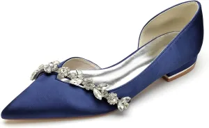 Women's Satin Wedding Flats Crystal Pointed Toe Pumps Shoes for Bride Prom Evening Party Dress Flats Sandals