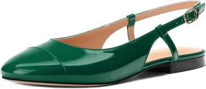 Women's Slingback Flats, Patent Leather Round Toe Ballet Flat Casual Flat Work Shoes, Low Heel Sandals Classic Dress Shoes with Buckle