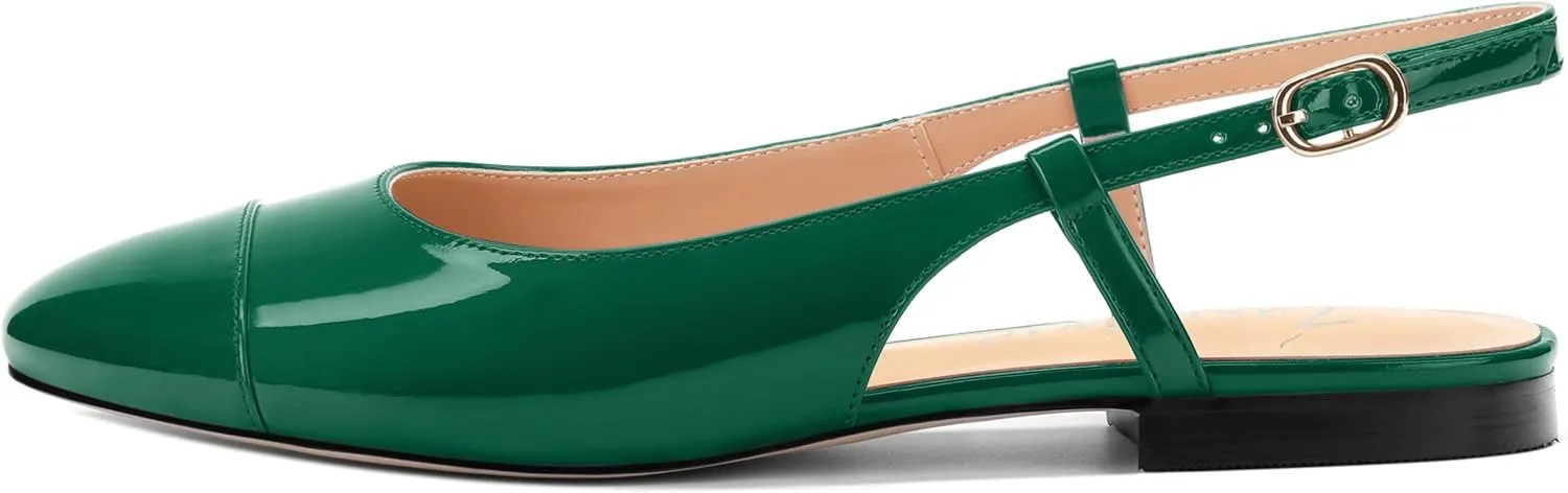 Women's Slingback Flats, Patent Leather Round Toe Ballet Flat Casual Flat Work Shoes, Low Heel Sandals Classic Dress Shoes with Buckle
