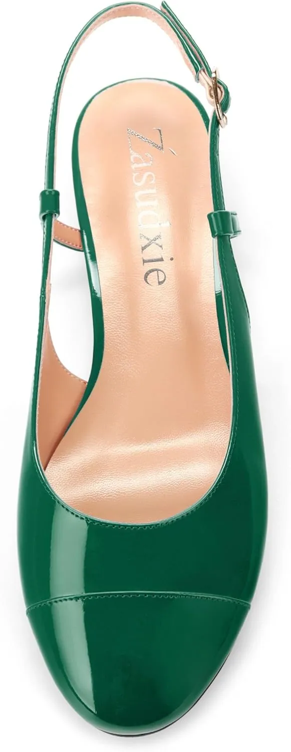 Women's Slingback Flats, Patent Leather Round Toe Ballet Flat Casual Flat Work Shoes, Low Heel Sandals Classic Dress Shoes with Buckle