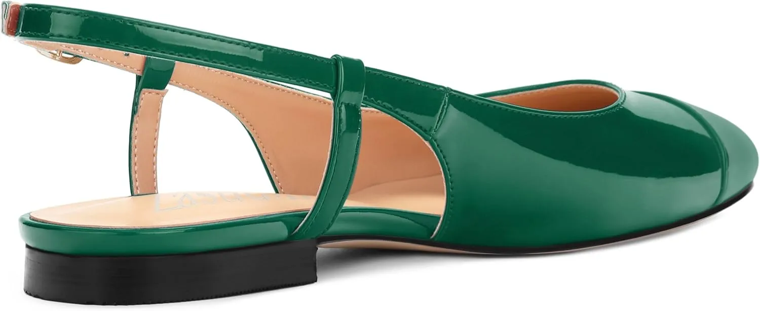 Women's Slingback Flats, Patent Leather Round Toe Ballet Flat Casual Flat Work Shoes, Low Heel Sandals Classic Dress Shoes with Buckle