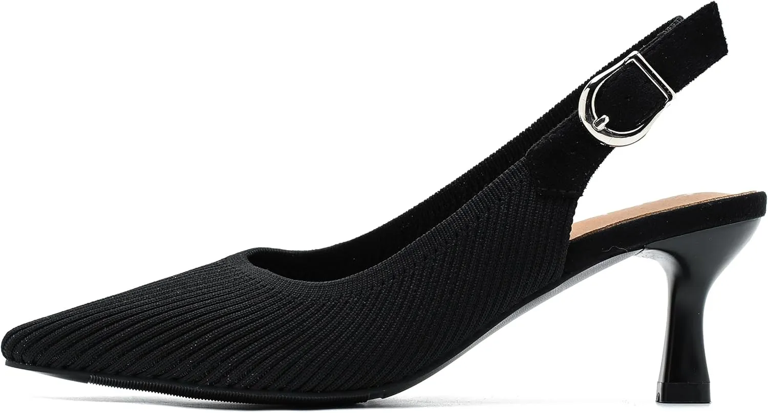 Women's Slingback Kitten Heels Pointed Toe Knit Pumps Slip On Dress Shoes