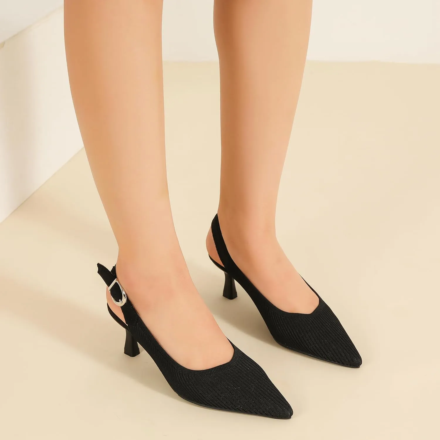 Women's Slingback Kitten Heels Pointed Toe Knit Pumps Slip On Dress Shoes
