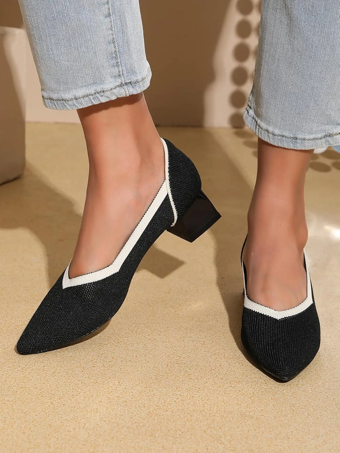 Women's Slip On Knitted Block Heels Pointed Closed Toe Low Chunky Pumps Comfortable Casual Knit Heels for Women Office Meeting Daily Dress Shoes 1.57"