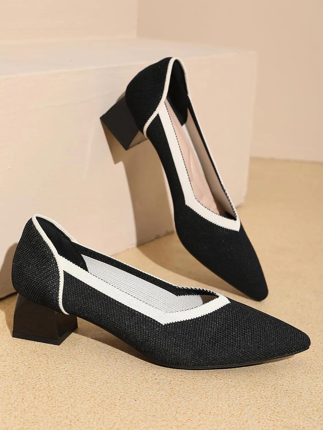 Women's Slip On Knitted Block Heels Pointed Closed Toe Low Chunky Pumps Comfortable Casual Knit Heels for Women Office Meeting Daily Dress Shoes 1.57"