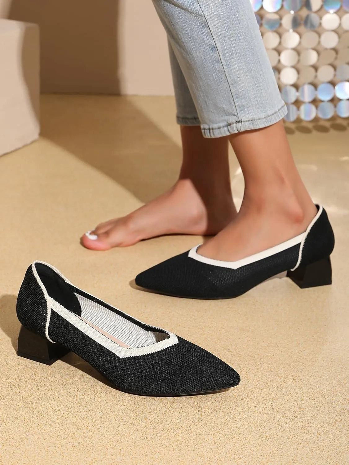 Women's Slip On Knitted Block Heels Pointed Closed Toe Low Chunky Pumps Comfortable Casual Knit Heels for Women Office Meeting Daily Dress Shoes 1.57"