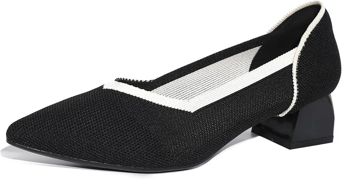Women's Slip On Knitted Block Heels Pointed Closed Toe Low Chunky Pumps Comfortable Casual Knit Heels for Women Office Meeting Daily Dress Shoes 1.57"