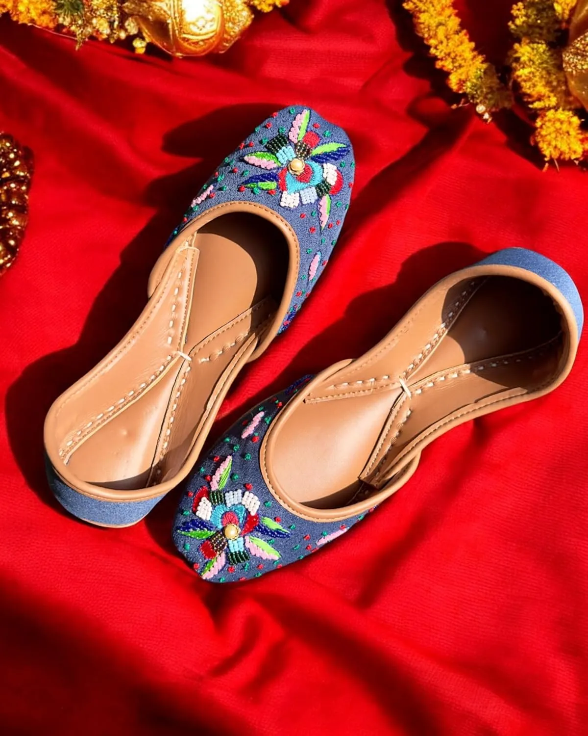 Women's Slip On Traditional Handmade Khussa Bridal Mojari Punjabi Jutti Ethnic Ballet Flats