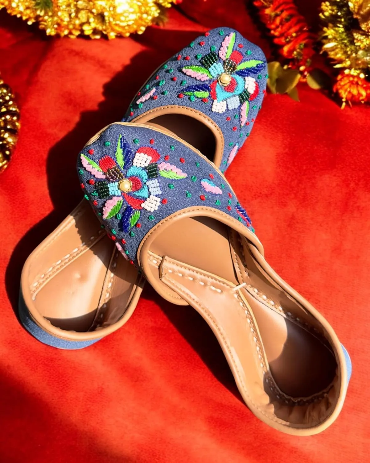 Women's Slip On Traditional Handmade Khussa Bridal Mojari Punjabi Jutti Ethnic Ballet Flats